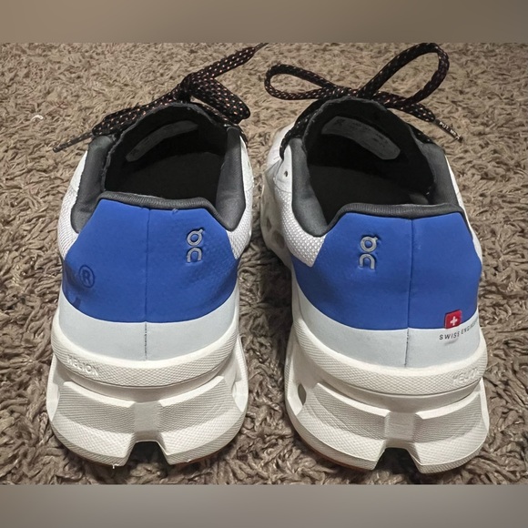 On Cloudmonster running shoe in a white and blue colorway. - Picture 6 of 9